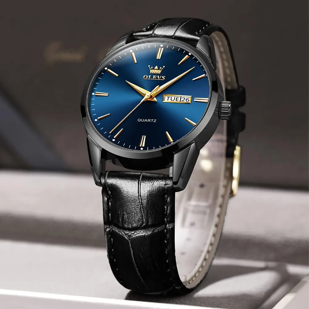 OLEVS Watches for Men Brown Leather Gold Case Analog Quartz Fashion Business Dress Watch Day Date Luminous Waterproof Casual Male Wrist Watches