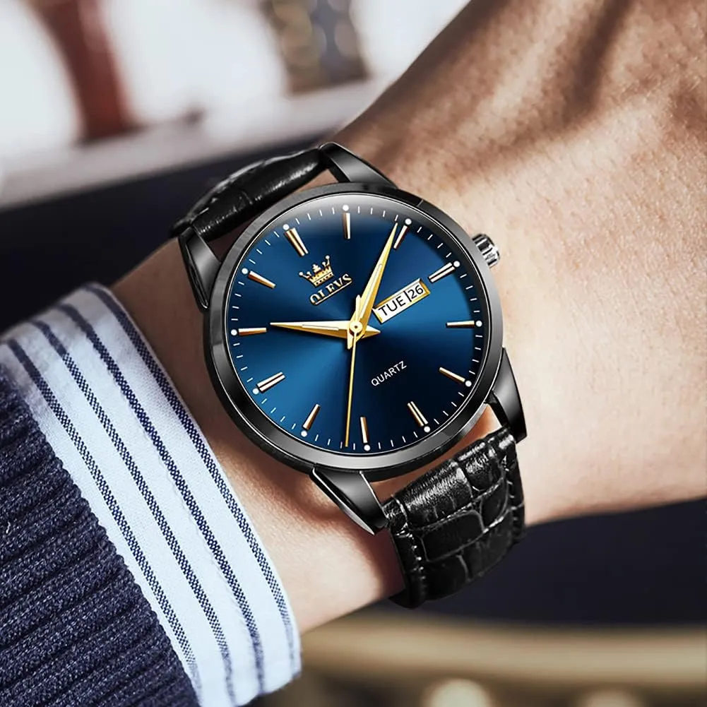 OLEVS Watches for Men Brown Leather Gold Case Analog Quartz Fashion Business Dress Watch Day Date Luminous Waterproof Casual Male Wrist Watches