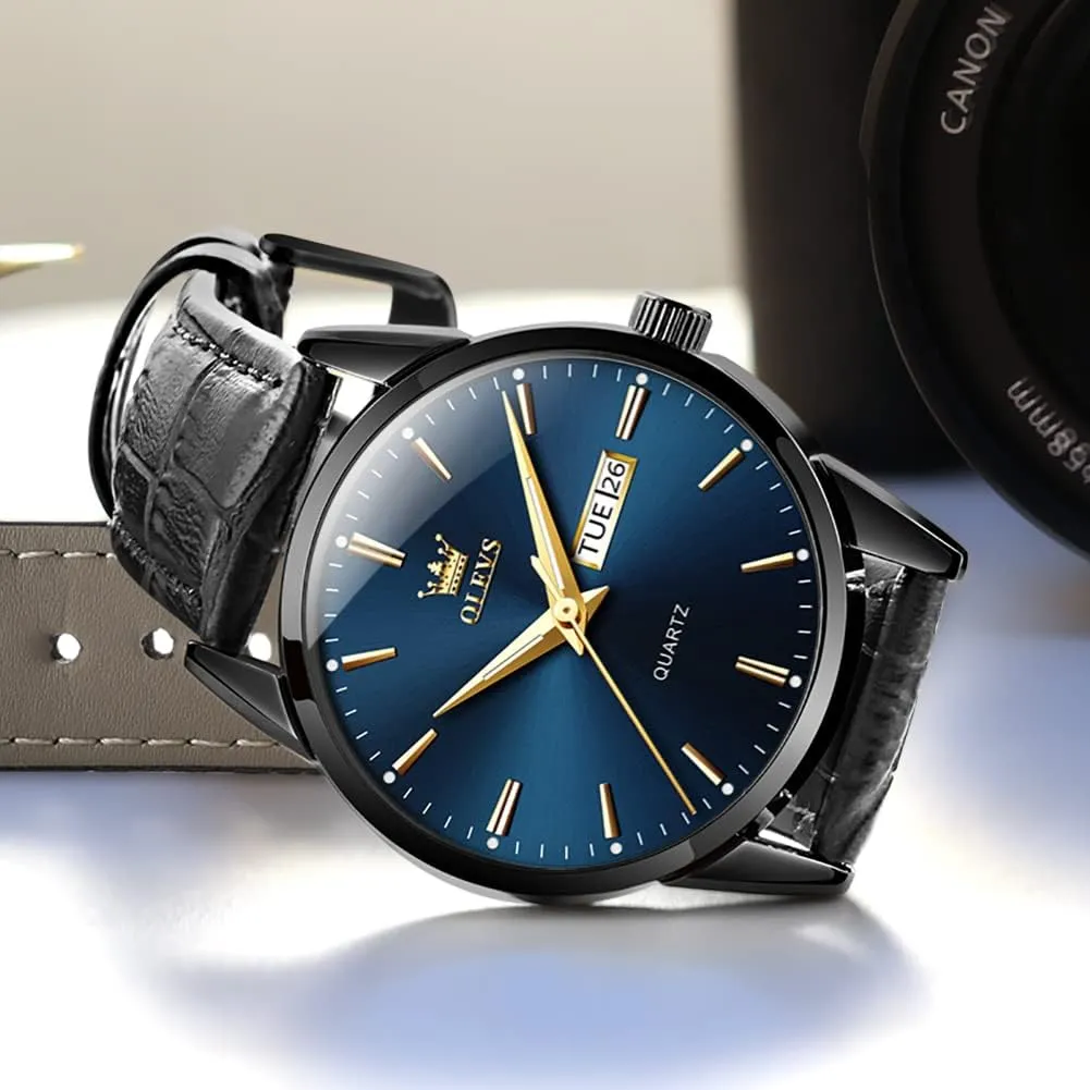 OLEVS Watches for Men Brown Leather Gold Case Analog Quartz Fashion Business Dress Watch Day Date Luminous Waterproof Casual Male Wrist Watches