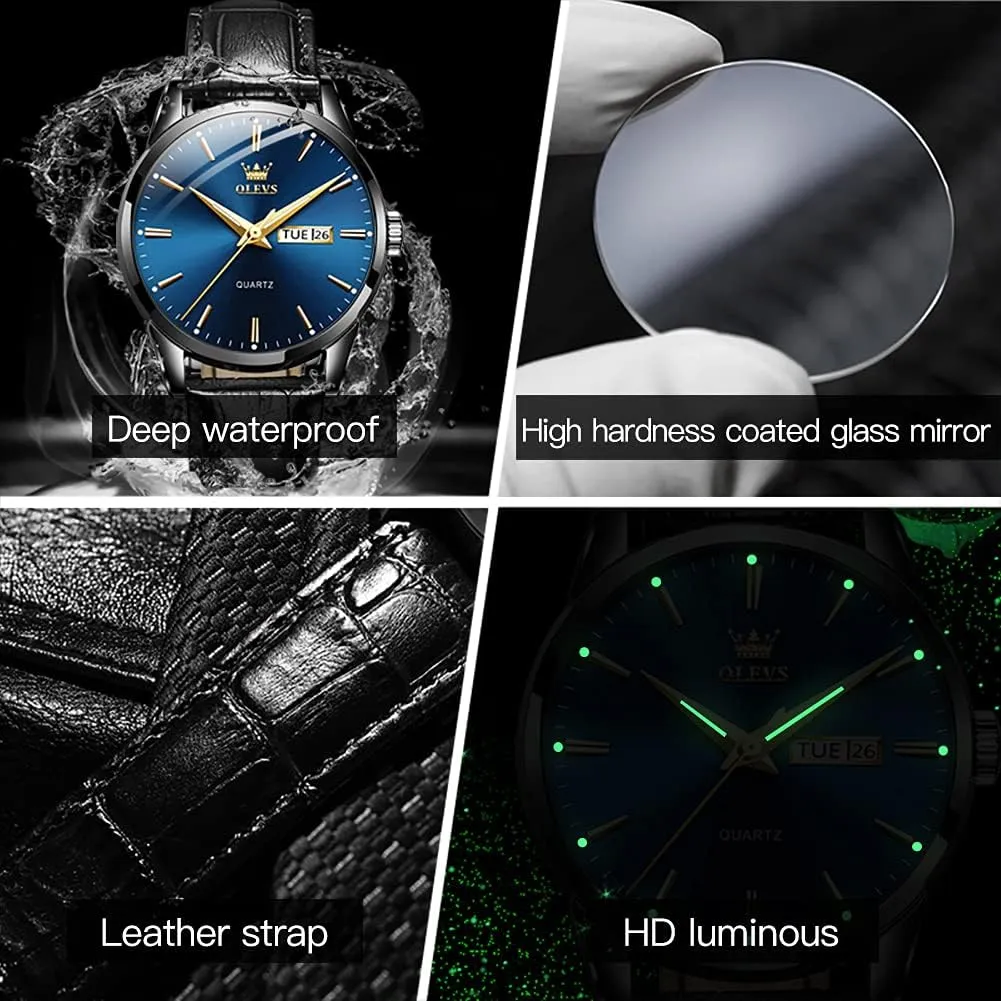 OLEVS Watches for Men Brown Leather Gold Case Analog Quartz Fashion Business Dress Watch Day Date Luminous Waterproof Casual Male Wrist Watches