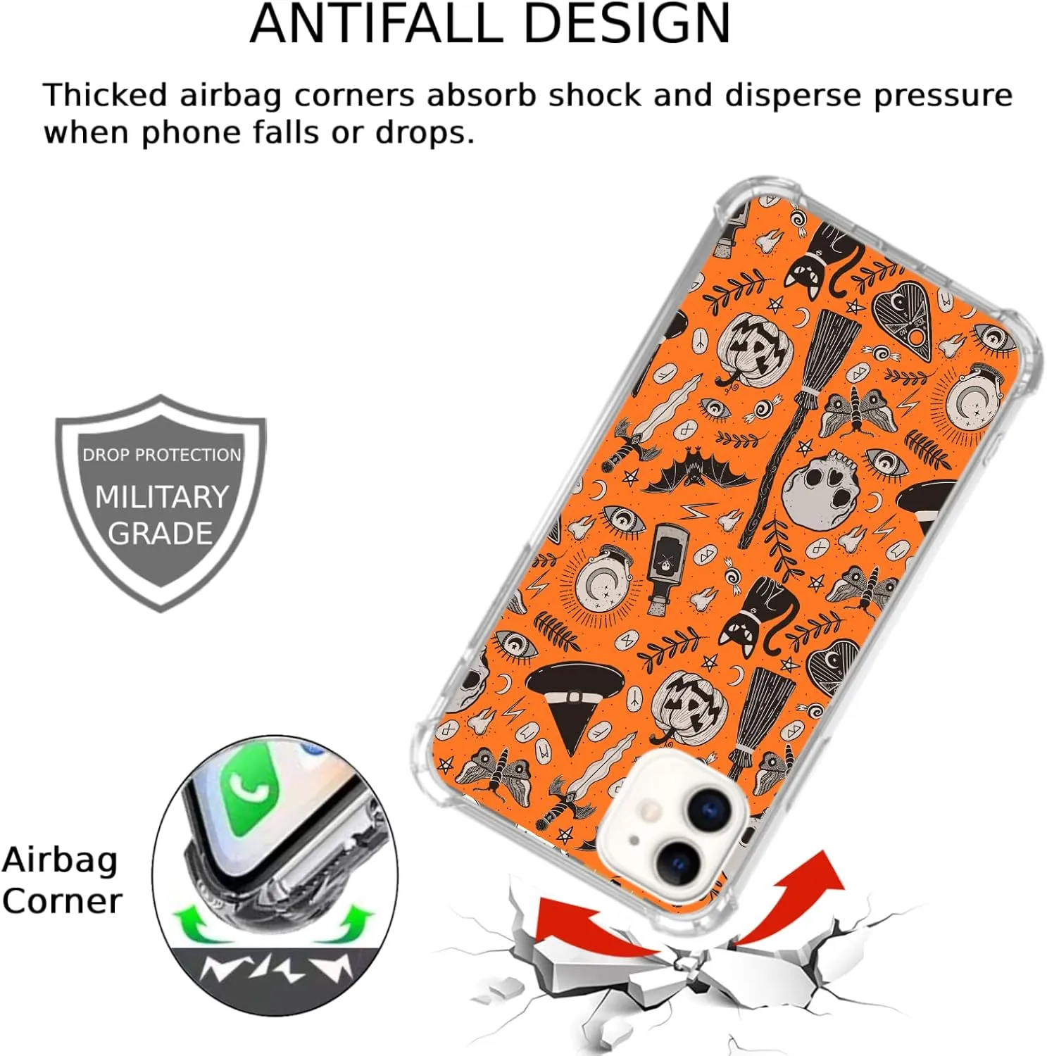 Orange Halloween Skull Cats Pattern Case Compatible with iPhone 11, Aesthetic Witchy Cute Halloween Elements Case for iPhone 11 for Teens Men and Women, Trendy Cool TPU Bumper Case Cover
