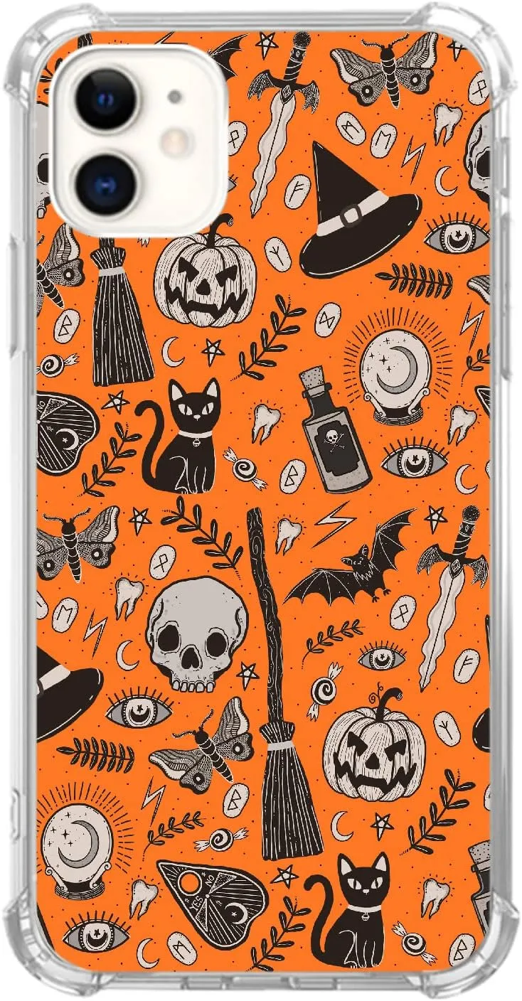 Orange Halloween Skull Cats Pattern Case Compatible with iPhone 11, Aesthetic Witchy Cute Halloween Elements Case for iPhone 11 for Teens Men and Women, Trendy Cool TPU Bumper Case Cover