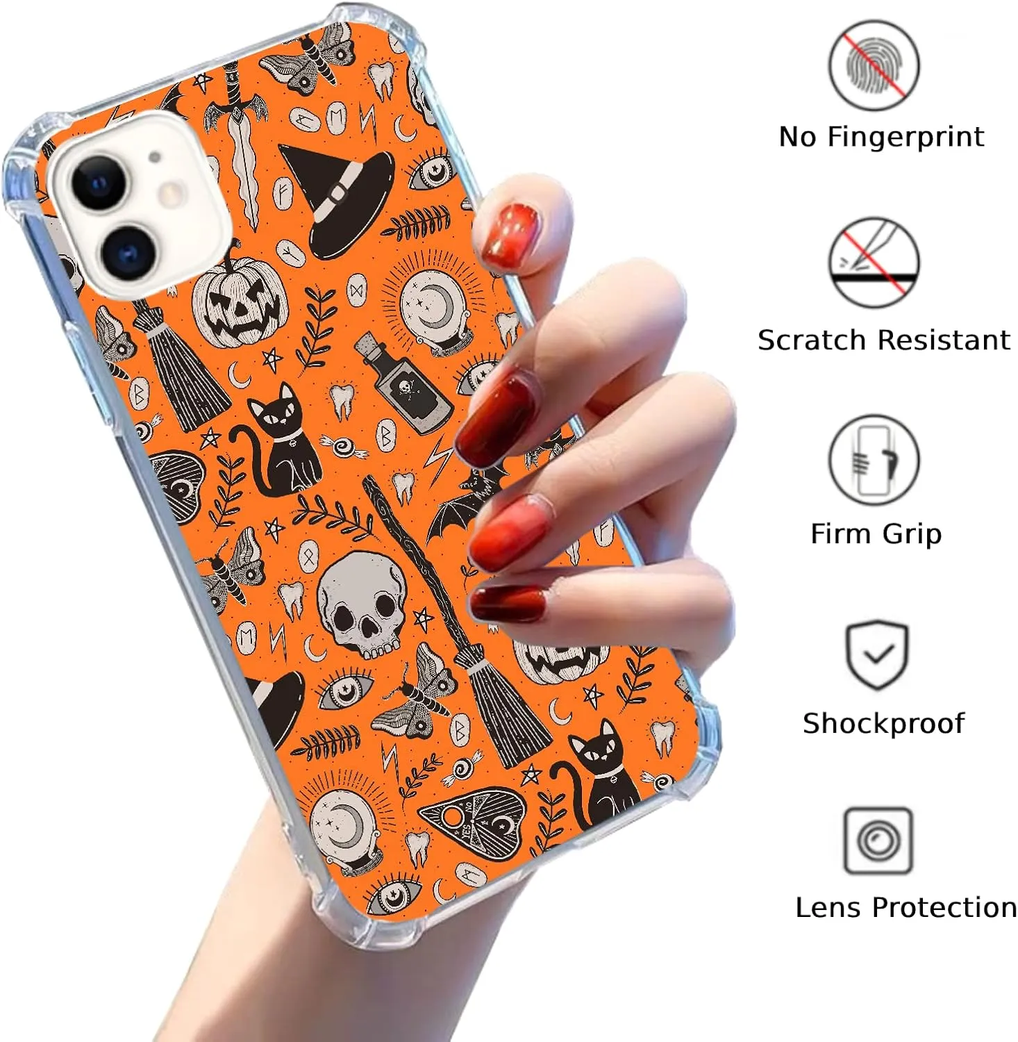 Orange Halloween Skull Cats Pattern Case Compatible with iPhone 11, Aesthetic Witchy Cute Halloween Elements Case for iPhone 11 for Teens Men and Women, Trendy Cool TPU Bumper Case Cover