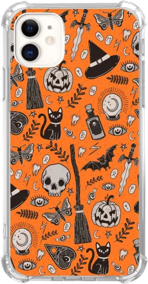 Orange Halloween Skull Cats Pattern Case Compatible with iPhone 11, Aesthetic Witchy Cute Halloween Elements Case for iPhone 11 for Teens Men and Women, Trendy Cool TPU Bumper Case Cover