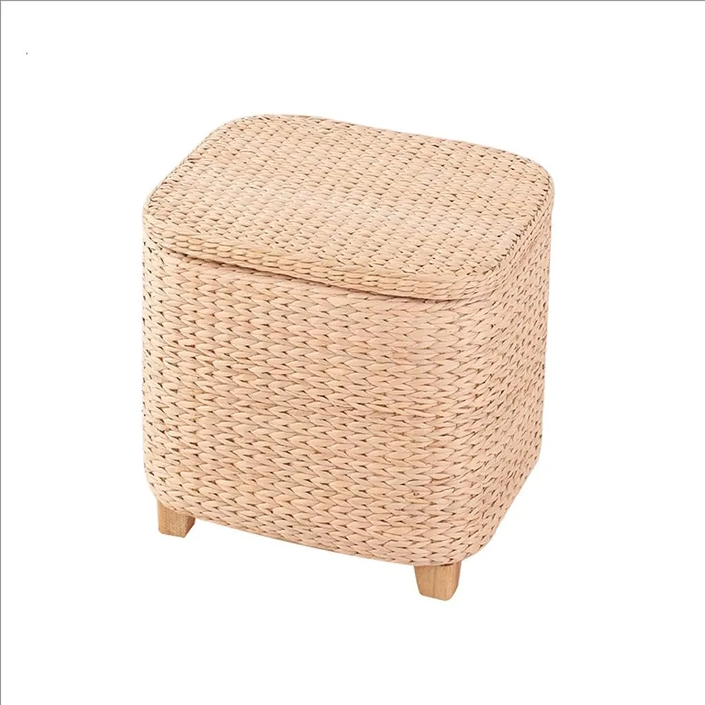 Ottoman Stool Wooden Stool Hand Made Rattan Footstool Ottoman Creative Storage Footrest with Solid Wood Legs Kitchen Counter Decor Shoe Stool,Grass