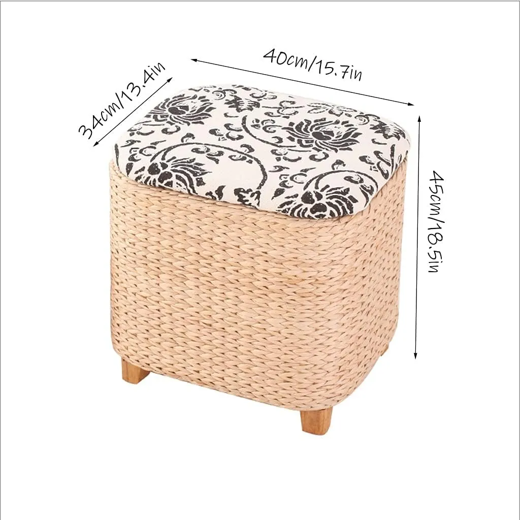 Ottoman Stool Wooden Stool Hand Made Rattan Footstool Ottoman Creative Storage Footrest with Solid Wood Legs Kitchen Counter Decor Shoe Stool,Grass