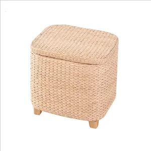 Ottoman Stool Wooden Stool Hand Made Rattan Footstool Ottoman Creative Storage Footrest with Solid Wood Legs Kitchen Counter Decor Shoe Stool,Grass