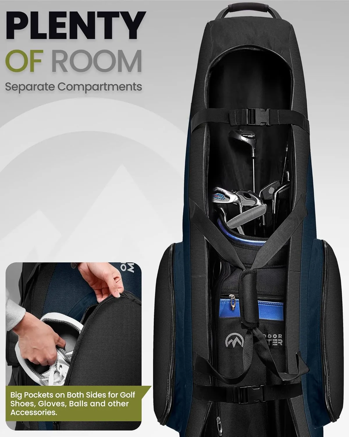 OutdoorMaster Padded Golf Travel Bag with Reinforced Wheels, 900D Heavy Duty Oxford Wear-Resistant and Waterproof Golf Travel Case, Soft-Sided Golf Club Bag, Shoes and Accessories Compartment