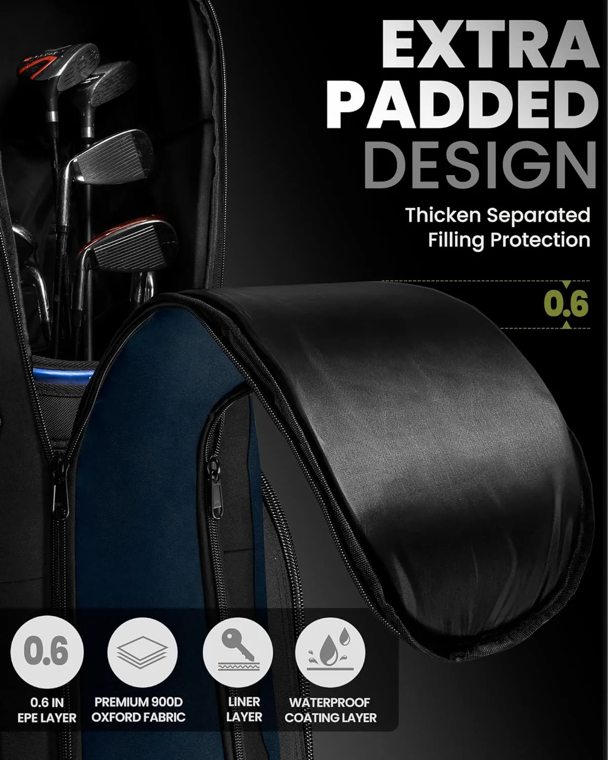 OutdoorMaster Padded Golf Travel Bag with Reinforced Wheels, 900D Heavy Duty Oxford Wear-Resistant and Waterproof Golf Travel Case, Soft-Sided Golf Club Bag, Shoes and Accessories Compartment