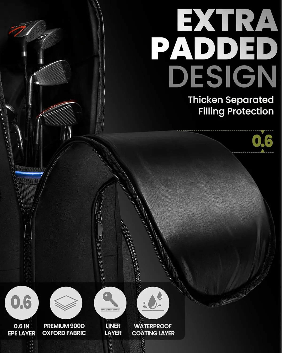 OutdoorMaster Padded Golf Travel Bag with Reinforced Wheels, 900D Heavy Duty Oxford Wear-Resistant and Waterproof Golf Travel Case, Soft-Sided Golf Club Bag, Shoes and Accessories Compartment