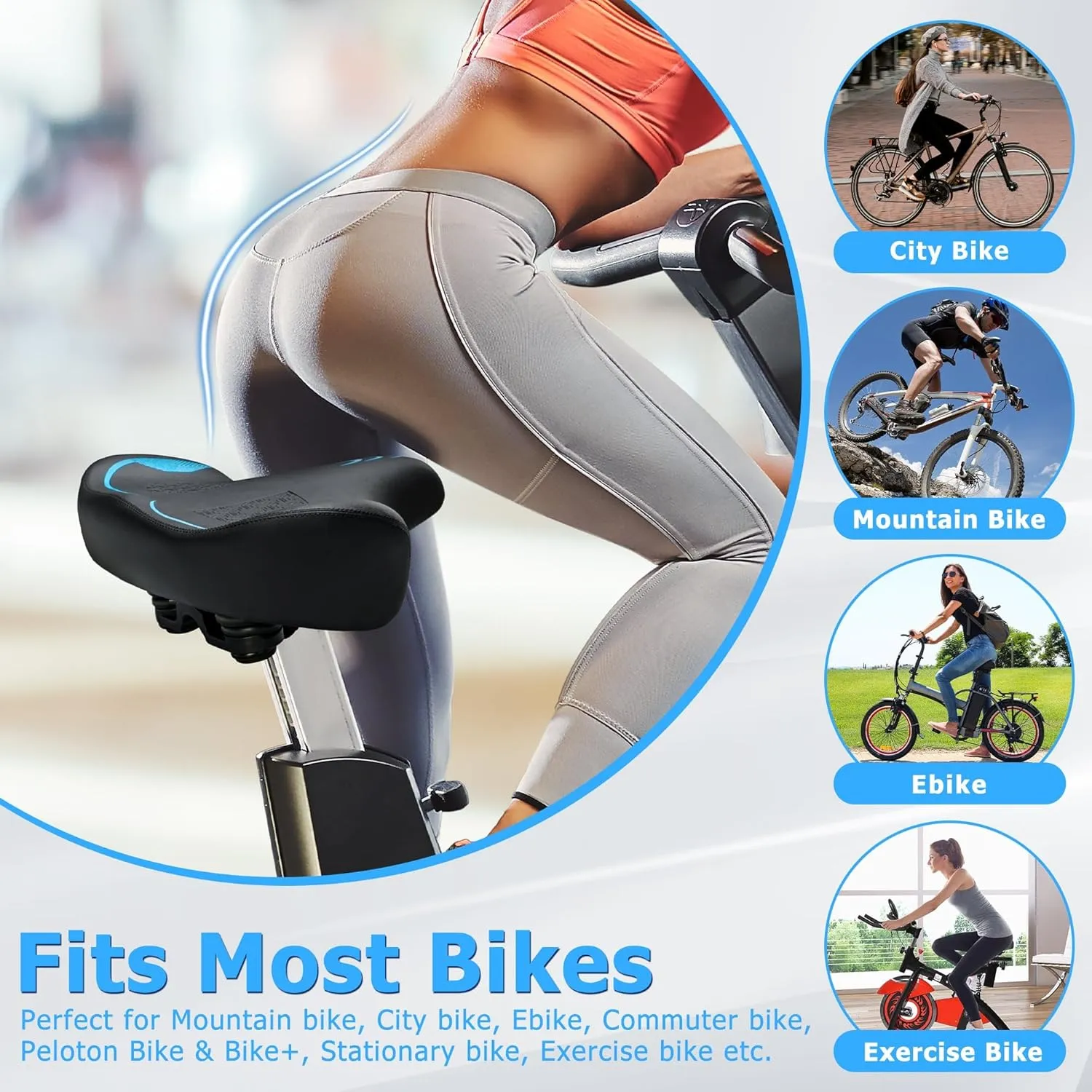 Oversized Bike Seat for Men & Women Comfort, Extra Wide Bicycle Seat Cushion, Comfortable Wing Padded, Large Replacement Bike Saddle for Peloton Bike, Stationary Exercise Bike, City Bike, Ebike