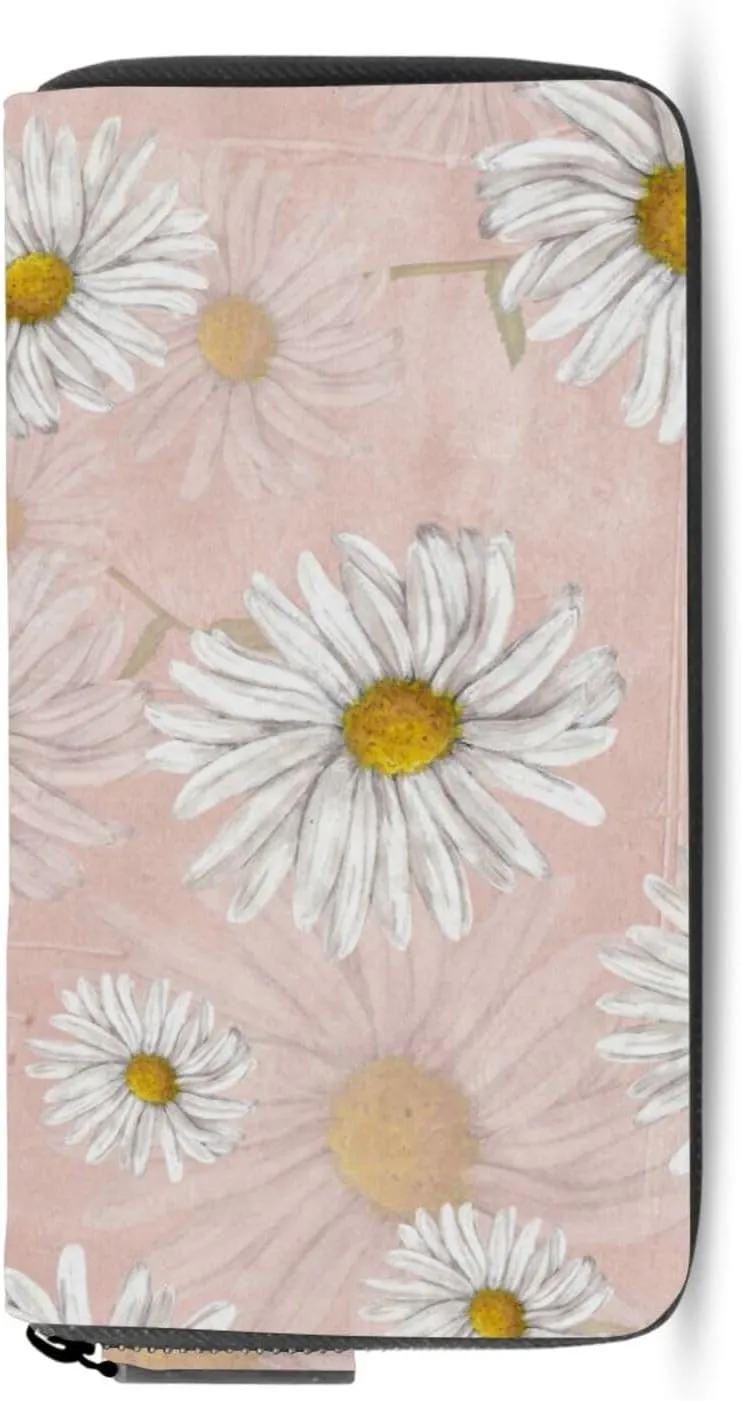 Oyihfvs White Chamomile Daisy Flowers on Light Pink Leather Long Wallet Organizer with Zipper Purse Clutch Bag for Women Men Key Card Coin Passport Checkbook 8 x 4 inch