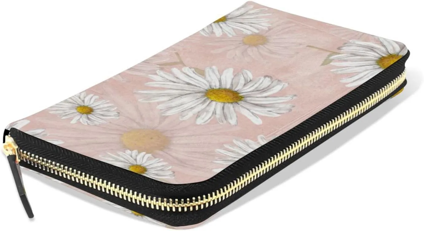 Oyihfvs White Chamomile Daisy Flowers on Light Pink Leather Long Wallet Organizer with Zipper Purse Clutch Bag for Women Men Key Card Coin Passport Checkbook 8 x 4 inch