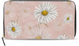 Oyihfvs White Chamomile Daisy Flowers on Light Pink Leather Long Wallet Organizer with Zipper Purse Clutch Bag for Women Men Key Card Coin Passport Checkbook 8 x 4 inch