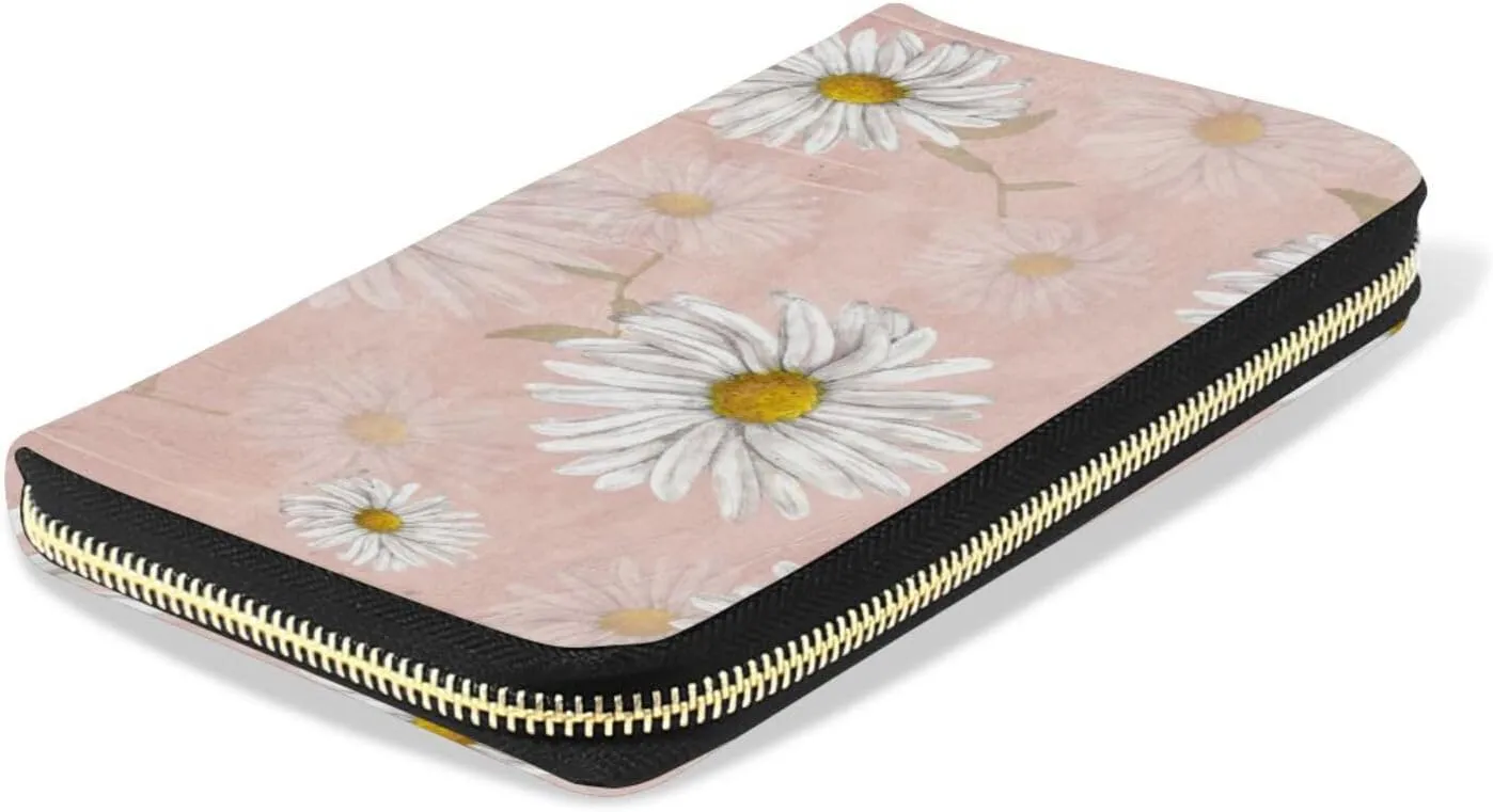 Oyihfvs White Chamomile Daisy Flowers on Light Pink Leather Long Wallet Organizer with Zipper Purse Clutch Bag for Women Men Key Card Coin Passport Checkbook 8 x 4 inch