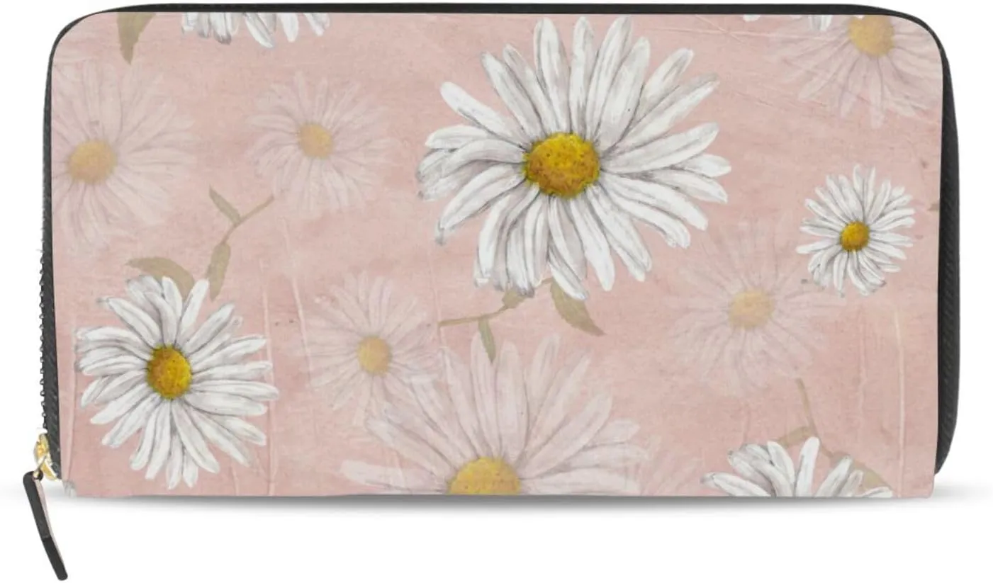 Oyihfvs White Chamomile Daisy Flowers on Light Pink Leather Long Wallet Organizer with Zipper Purse Clutch Bag for Women Men Key Card Coin Passport Checkbook 8 x 4 inch