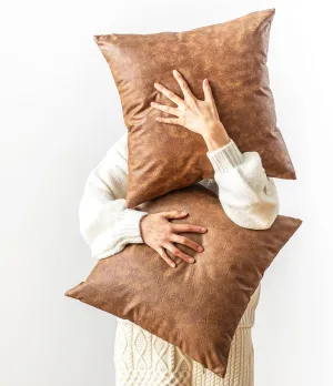 Pack of 2 Faux Leather Pillow Covers, Soft Rustic Farmhouse Neutral Vintage Decorative Cushion Cover, for Home Decor Outdoor Waterproof Pet Hair Resistant Pillow Covers 18X18 Inch Brown