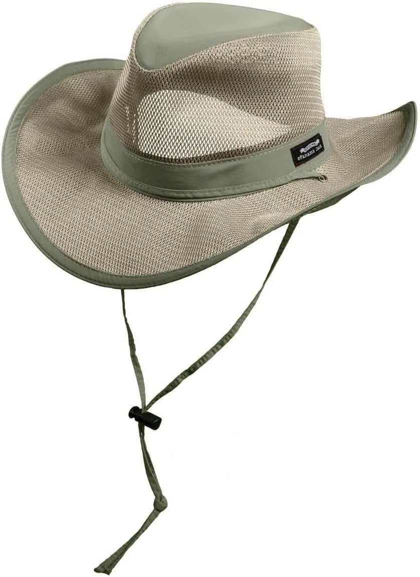 Panama Jack Mesh Crown Safari Sun Hat, 3" Brim, Adjustable Chin Cord, UPF (SPF) 50  Sun Protection (Fossil, Medium)