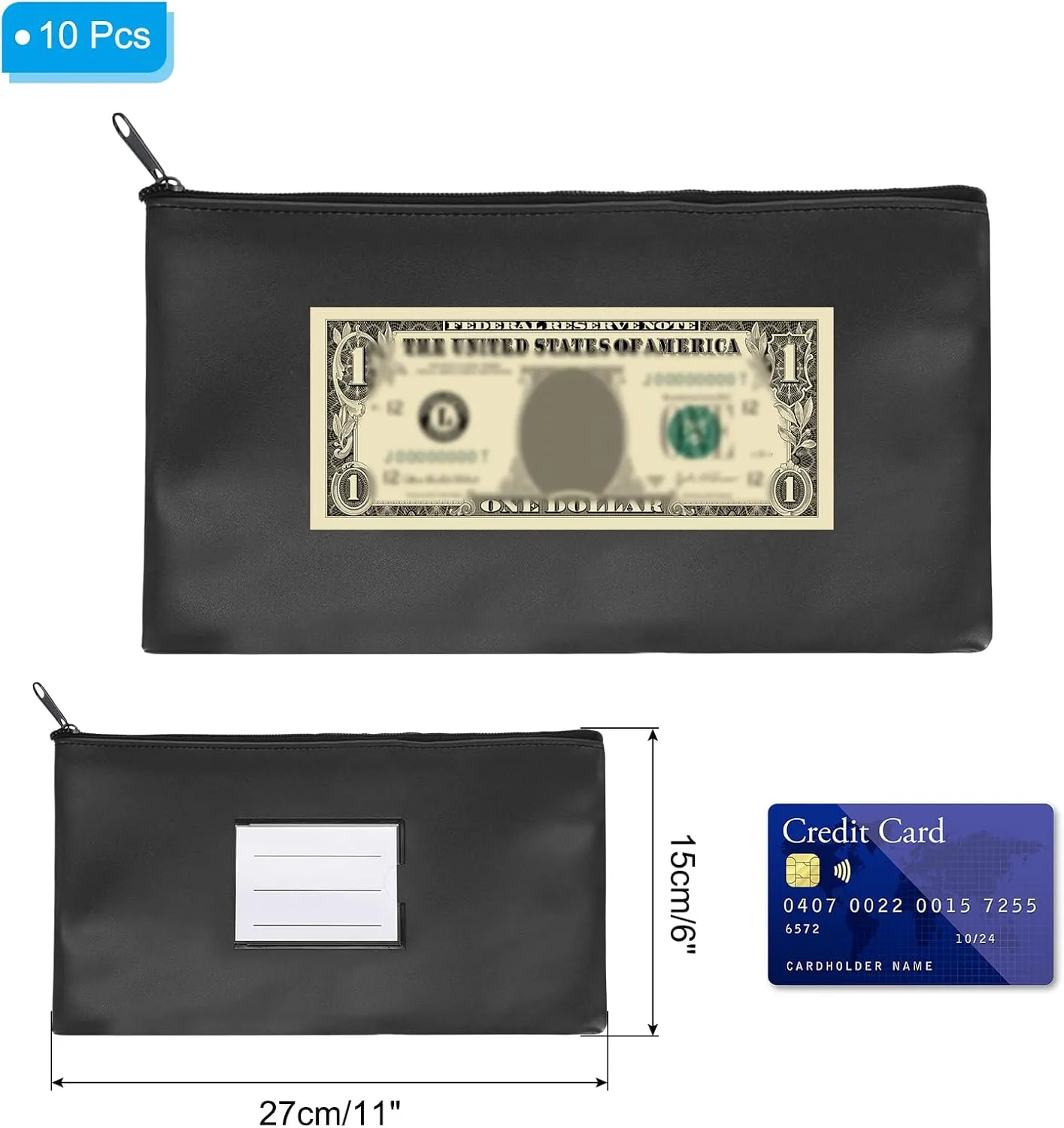 PATIKIL 11x6" Money Bank Deposit Bag with Zipper, 10 Pcs Leatherette Coin Check Wallet Pen Pouch Bag with Clear Window for Office Travel, Black