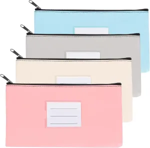 PATIKIL 11x6" Money Bank Deposit Bag with Zipper, 4 Pcs Leatherette Coin Check Wallet Pen Pouch Bag with Clear Window for Office Travel, Blue/Gray/Beige/Pink