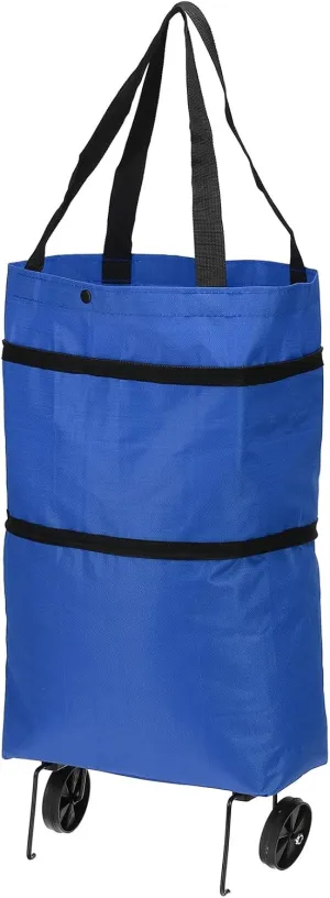 PATIKIL 13-18 Inch Foldable Shopping Bag with Wheels, Collapsible Trolley Bags Portable Grocery Bags Travel Bags for Vegetable Fruit Clothing Storage, Blue
