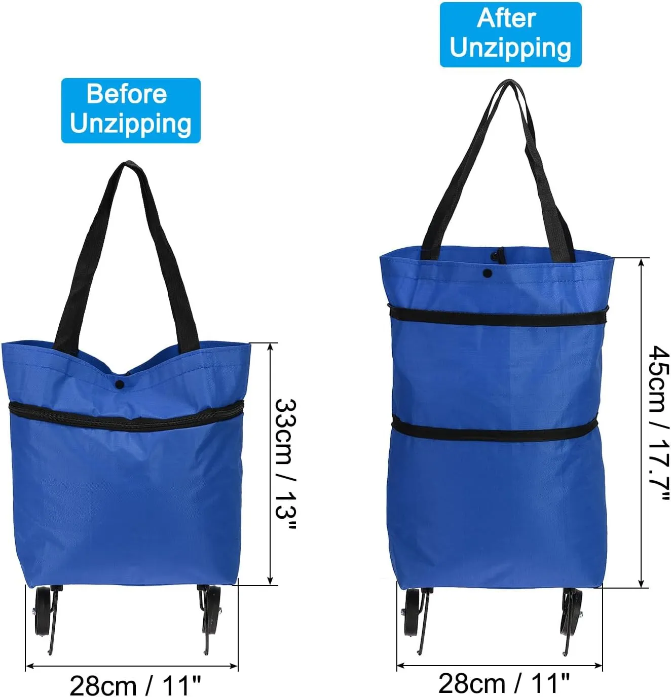 PATIKIL 13-18 Inch Foldable Shopping Bag with Wheels, Collapsible Trolley Bags Portable Grocery Bags Travel Bags for Vegetable Fruit Clothing Storage, Blue