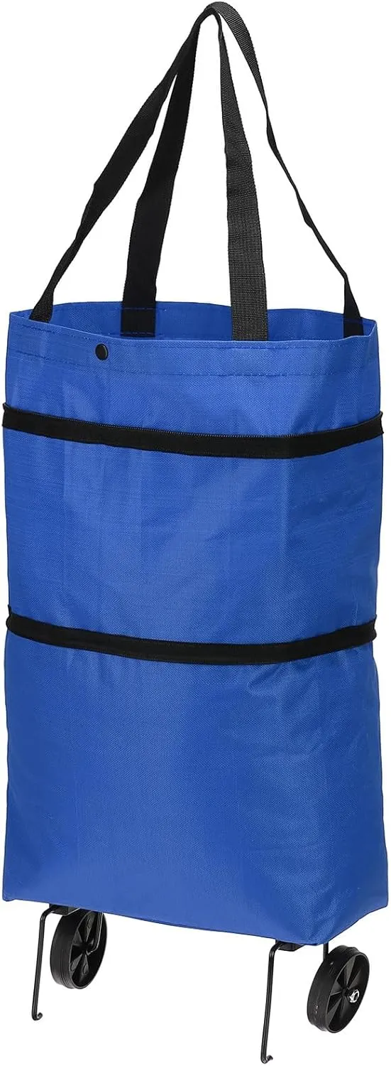 PATIKIL 13-18 Inch Foldable Shopping Bag with Wheels, Collapsible Trolley Bags Portable Grocery Bags Travel Bags for Vegetable Fruit Clothing Storage, Blue
