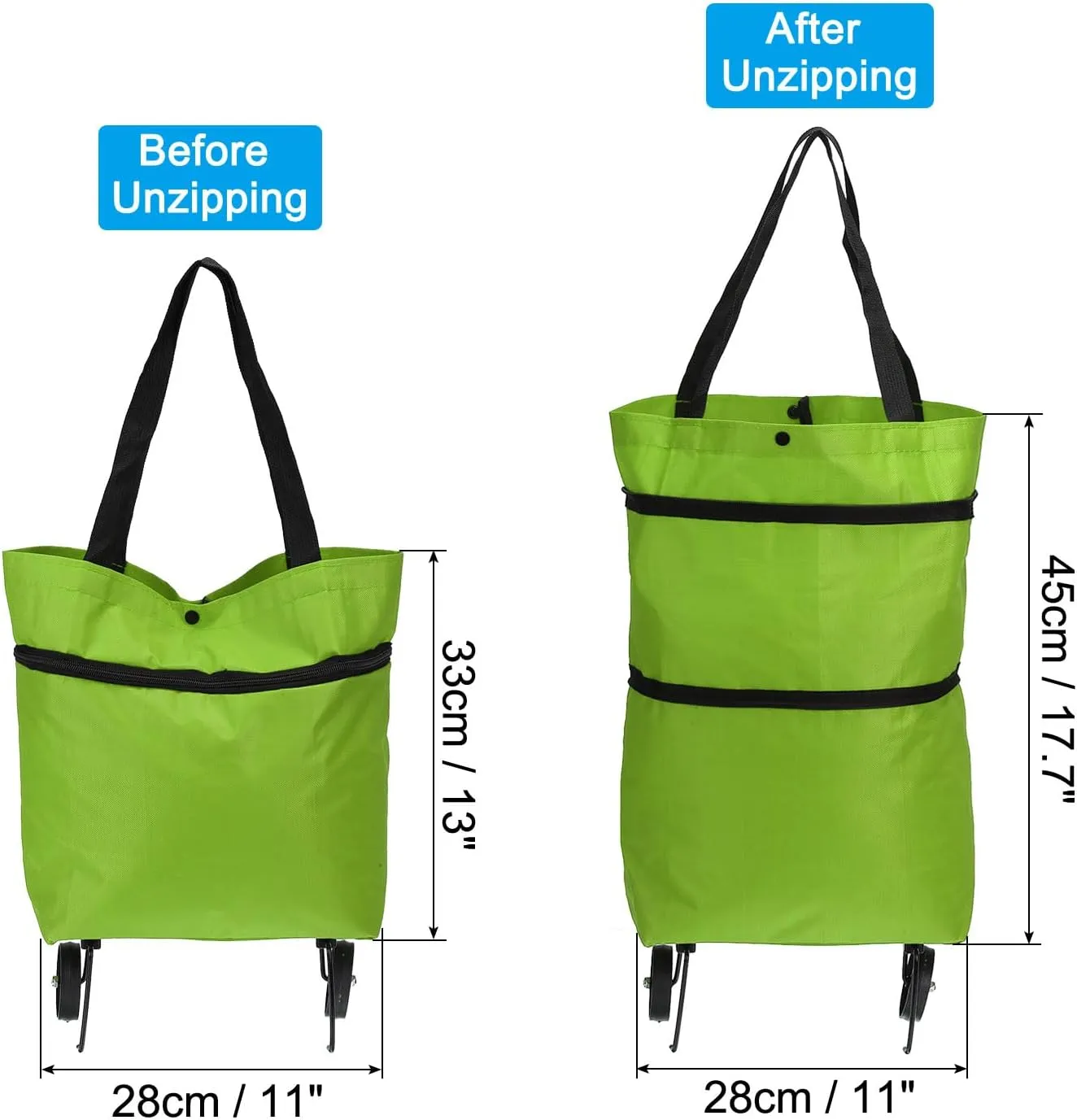 PATIKIL 13-18 Inch Foldable Shopping Bag with Wheels, Collapsible Trolley Bags Portable Grocery Bags Travel Bags for Vegetable Fruit Clothing Storage, Green