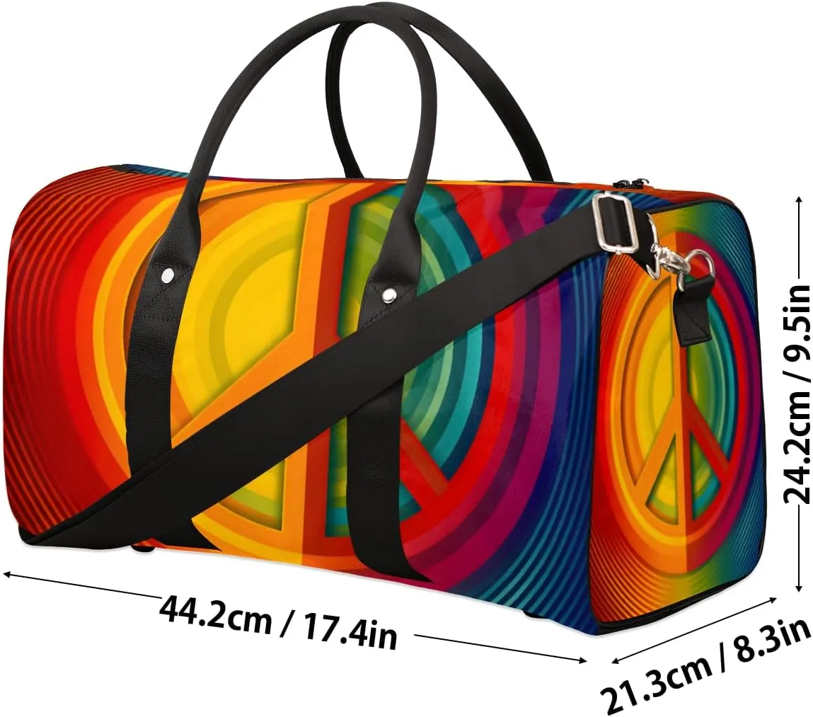 Peace Symbol Travel Duffle Bag for Women Men Gym Duffel Foldable Bag Waterproof Weekender Colorful Hippie Duffle Tote