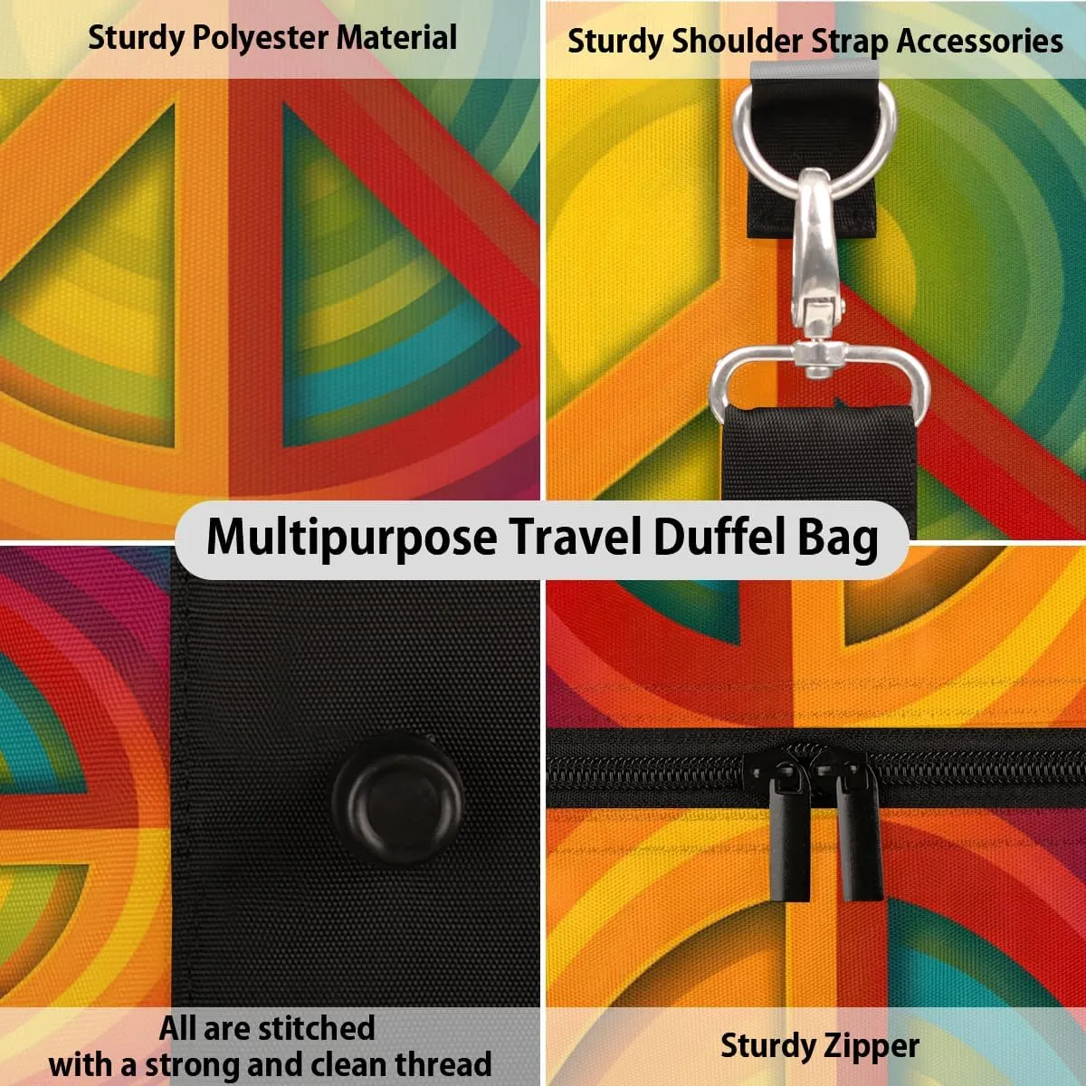 Peace Symbol Travel Duffle Bag for Women Men Gym Duffel Foldable Bag Waterproof Weekender Colorful Hippie Duffle Tote