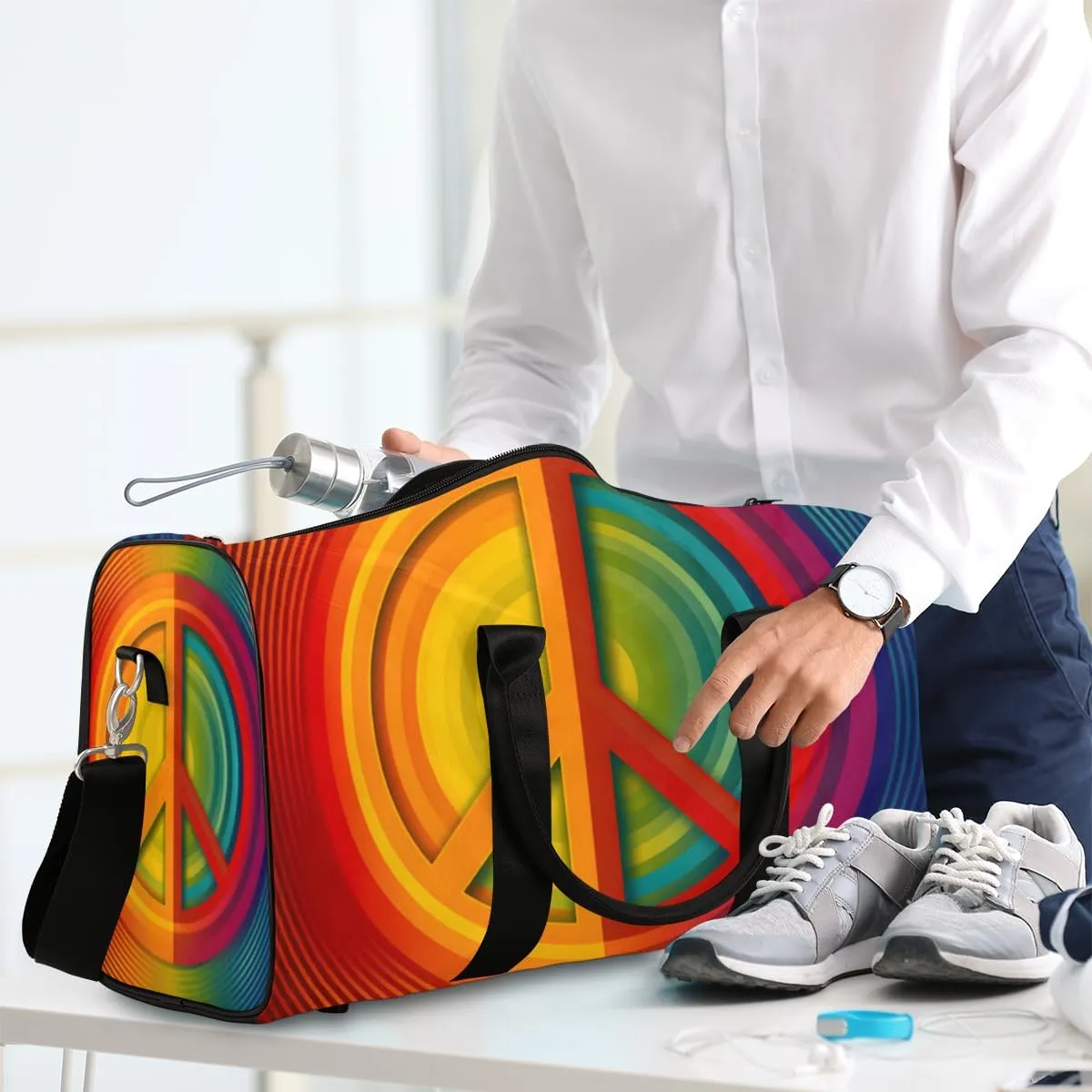 Peace Symbol Travel Duffle Bag for Women Men Gym Duffel Foldable Bag Waterproof Weekender Colorful Hippie Duffle Tote