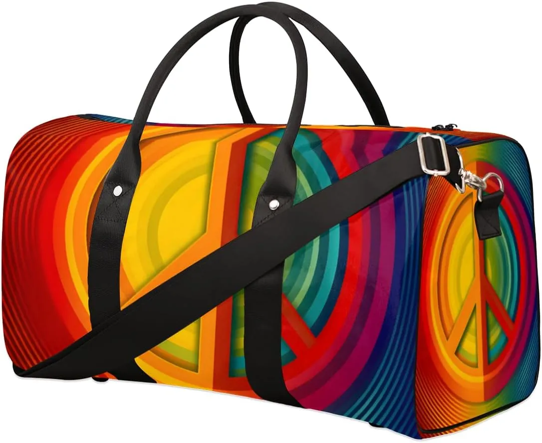 Peace Symbol Travel Duffle Bag for Women Men Gym Duffel Foldable Bag Waterproof Weekender Colorful Hippie Duffle Tote