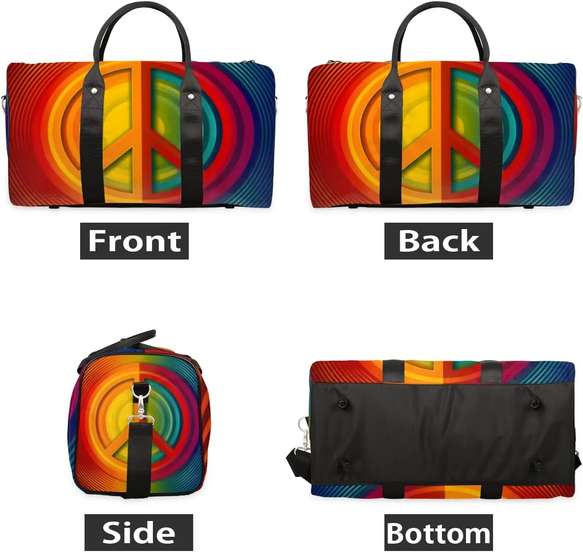 Peace Symbol Travel Duffle Bag for Women Men Gym Duffel Foldable Bag Waterproof Weekender Colorful Hippie Duffle Tote