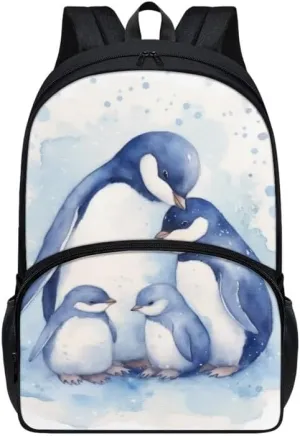 Penguin Family Backpack for Kids Back to School, Blue Emperor Penguin Satchel Elementary High College School Bags, Antarctica Animal Double Zipper Rucksack Teens