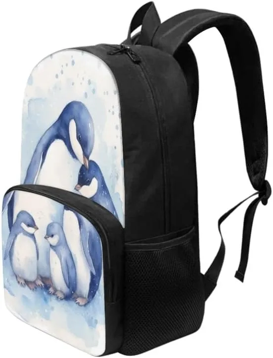 Penguin Family Backpack for Kids Back to School, Blue Emperor Penguin Satchel Elementary High College School Bags, Antarctica Animal Double Zipper Rucksack Teens