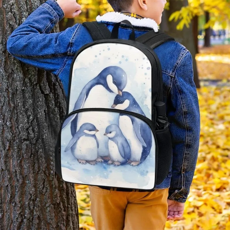 Penguin Family Backpack for Kids Back to School, Blue Emperor Penguin Satchel Elementary High College School Bags, Antarctica Animal Double Zipper Rucksack Teens