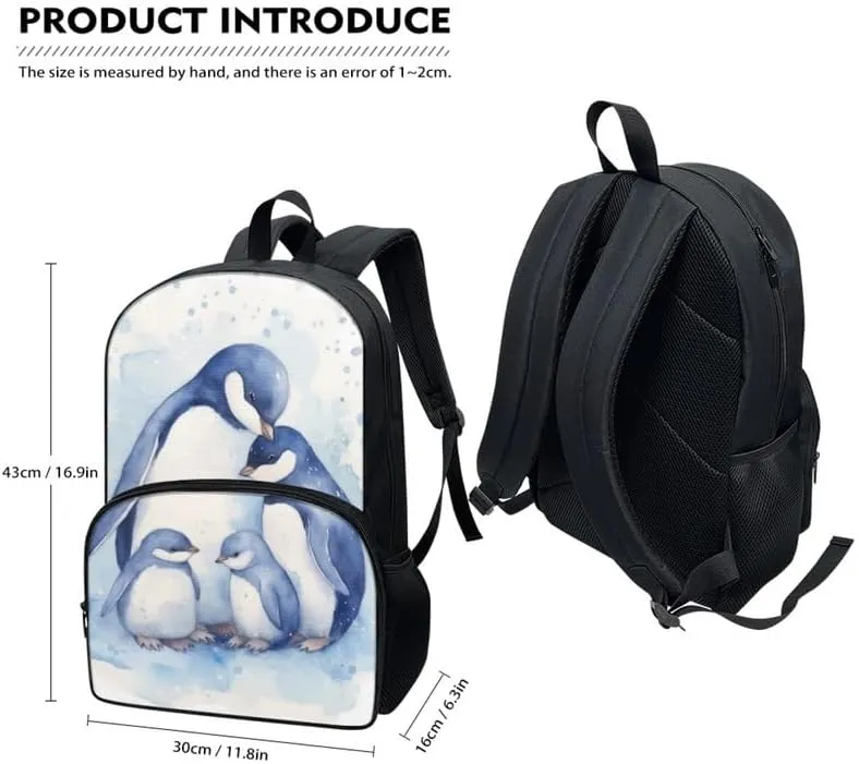Penguin Family Backpack for Kids Back to School, Blue Emperor Penguin Satchel Elementary High College School Bags, Antarctica Animal Double Zipper Rucksack Teens