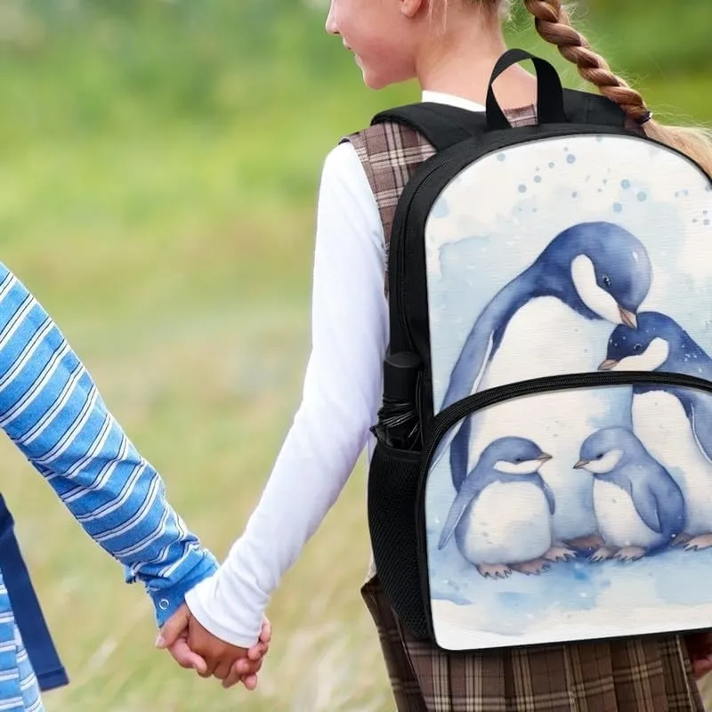 Penguin Family Backpack for Kids Back to School, Blue Emperor Penguin Satchel Elementary High College School Bags, Antarctica Animal Double Zipper Rucksack Teens
