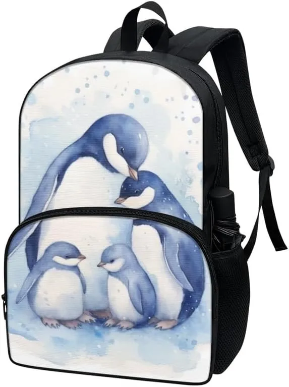 Penguin Family Backpack for Kids Back to School, Blue Emperor Penguin Satchel Elementary High College School Bags, Antarctica Animal Double Zipper Rucksack Teens
