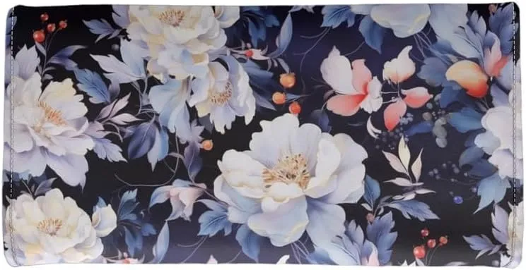 Peony Women's Leather Trifold Wallet, Classical Aesthetic Peony Handcrafted Stitching Wallet White Chinese Rose Credit Card Holder with Coin Purse, Zipper Wallet, ID Window