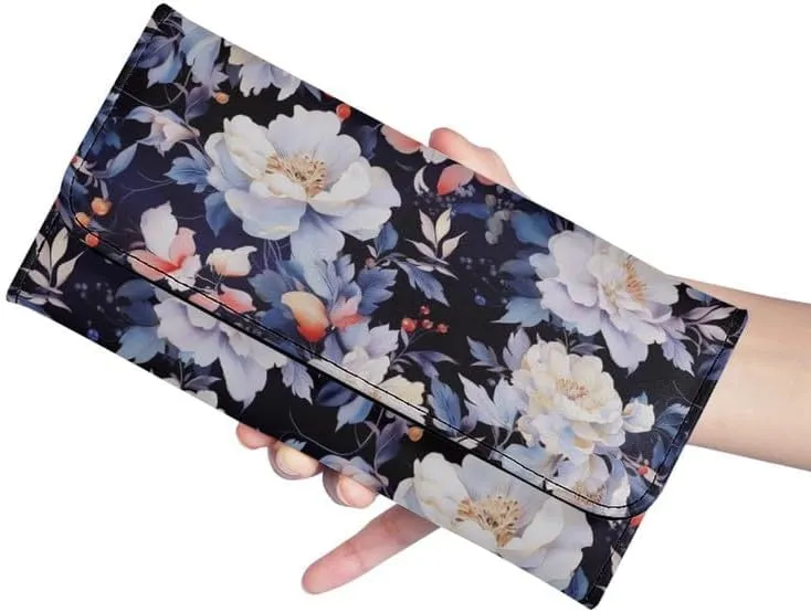 Peony Women's Leather Trifold Wallet, Classical Aesthetic Peony Handcrafted Stitching Wallet White Chinese Rose Credit Card Holder with Coin Purse, Zipper Wallet, ID Window