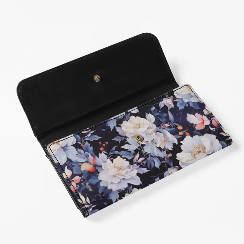 Peony Women's Leather Trifold Wallet, Classical Aesthetic Peony Handcrafted Stitching Wallet White Chinese Rose Credit Card Holder with Coin Purse, Zipper Wallet, ID Window