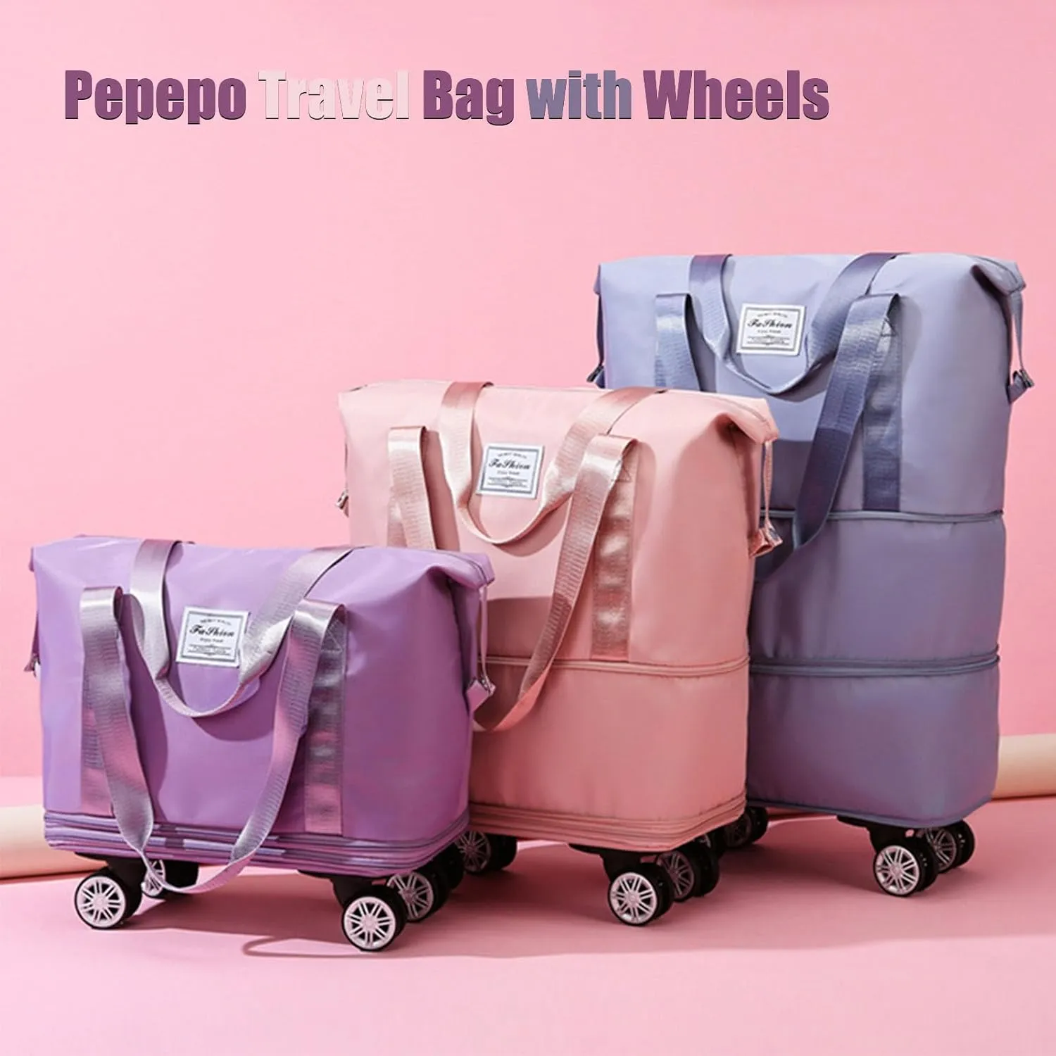 Pepepo Travel Bag with Wheels, Large Capacity Expandable Duffle, Removable Universal Wheels, Wet Dry Compartments (Gray)
