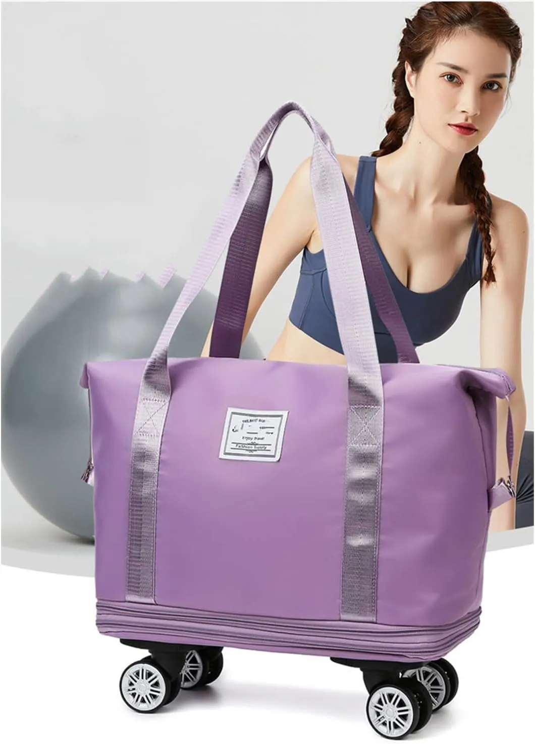 Pepepo Travel Bag with Wheels,2025 new large capacity travel bag - universal wheel removable,travel wheels,Expandable Foldable Duffle,Dry and Wet Separation (Dark Purple)