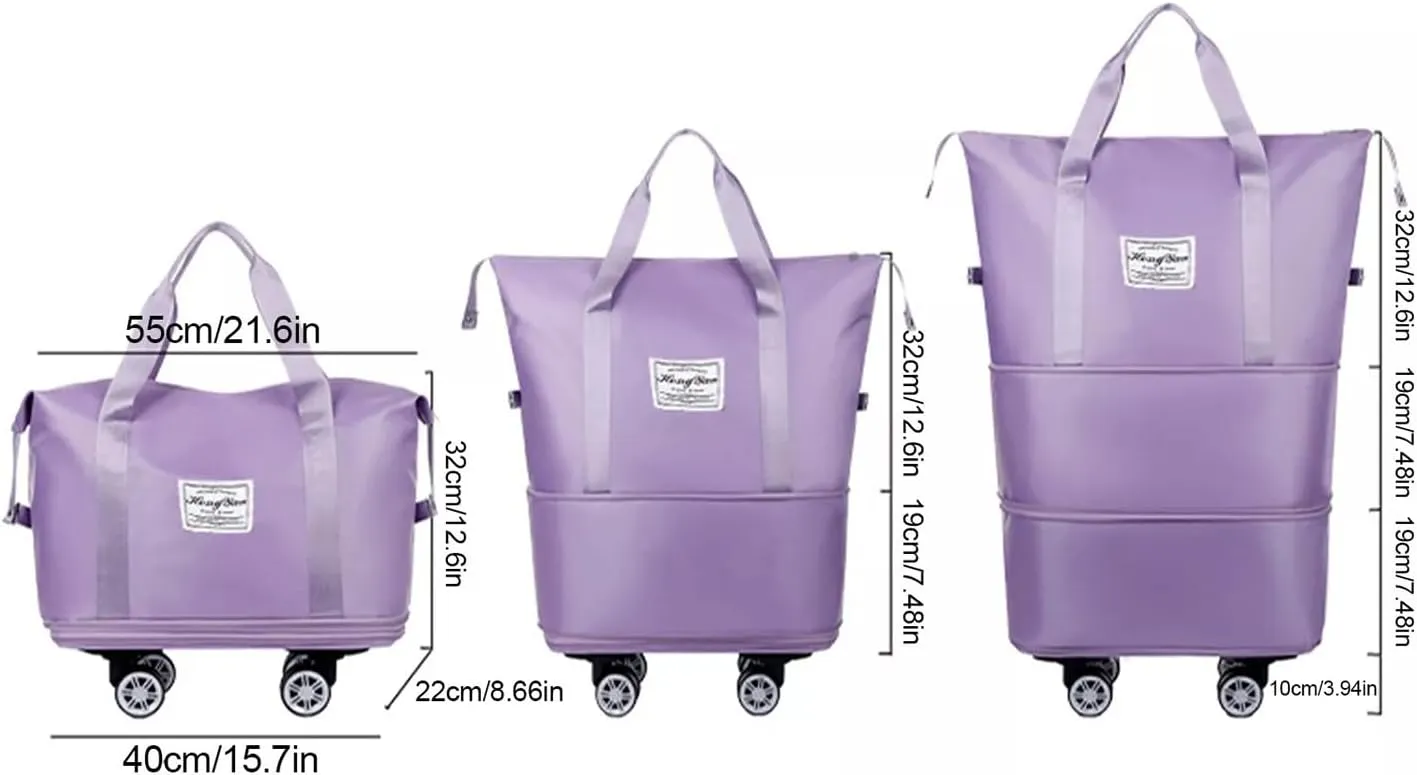 Pepepo Travel Bag with Wheels,2025 new large capacity travel bag - universal wheel removable,travel wheels,Expandable Foldable Duffle,Dry and Wet Separation (Dark Purple)