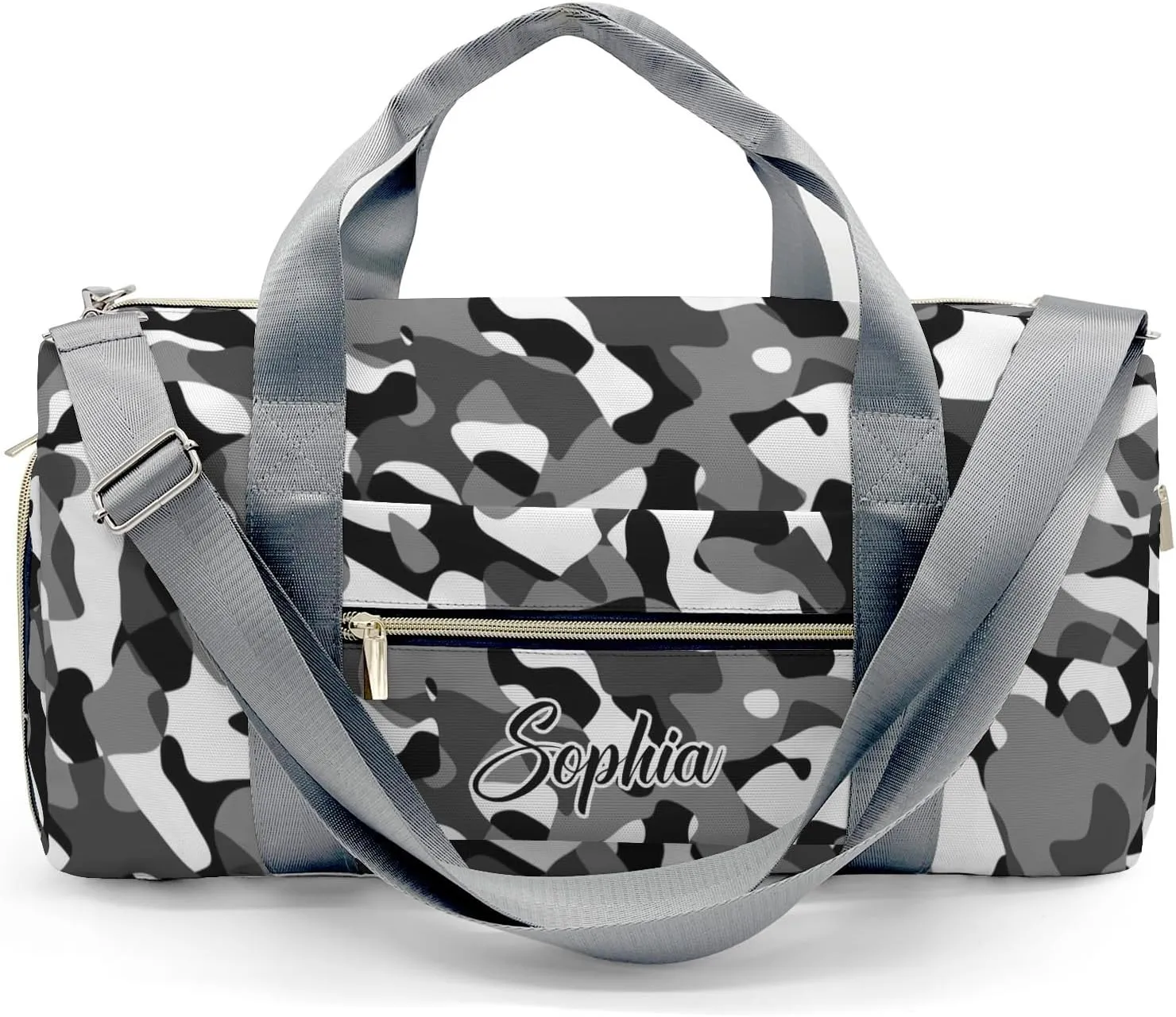 Personalized Black and White Camouflage Print Multi-Function Travel Duffel Handbag Large Capacity Handbag Women Men Gym Yoga Ballet with Name