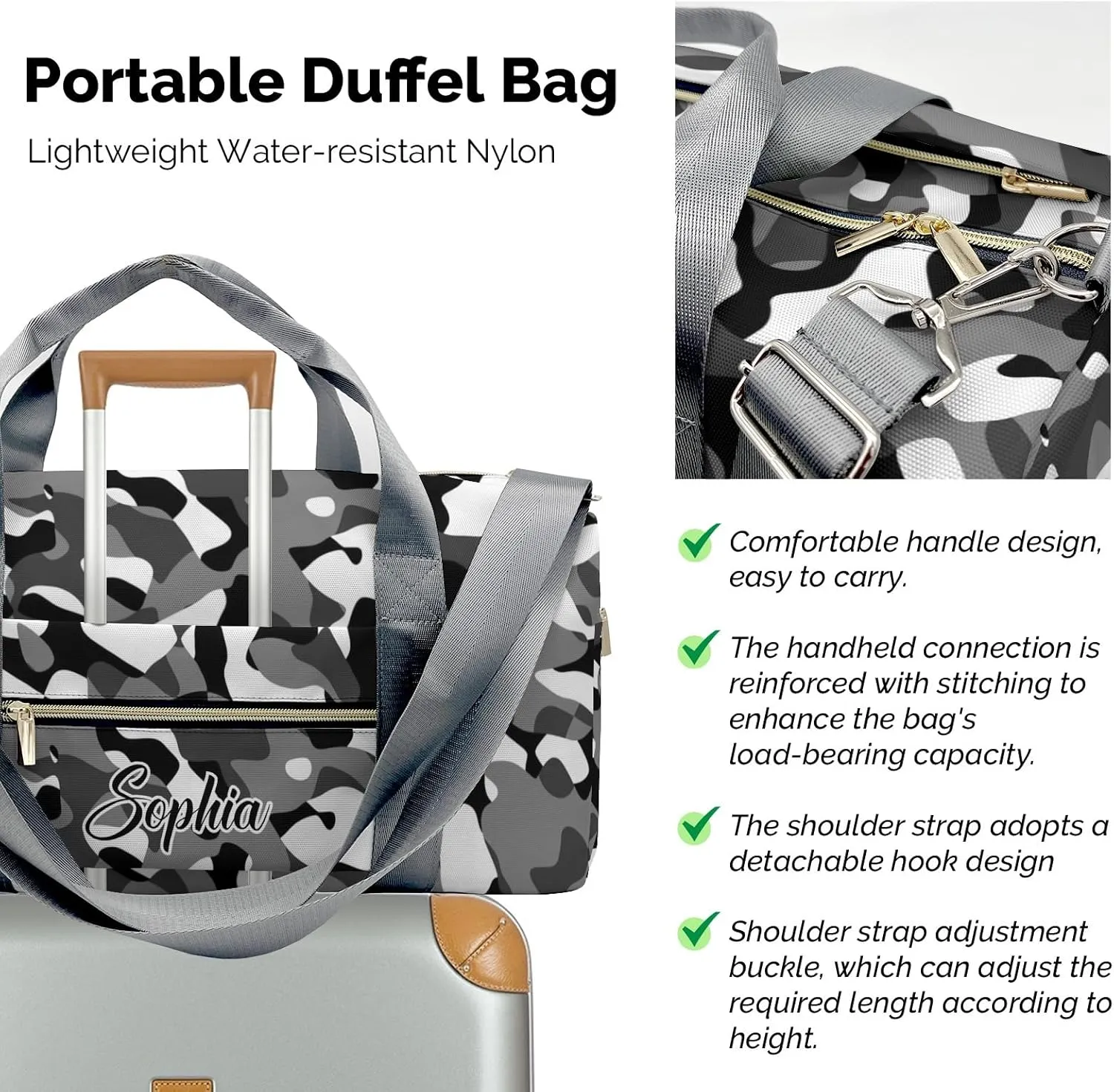 Personalized Black and White Camouflage Print Multi-Function Travel Duffel Handbag Large Capacity Handbag Women Men Gym Yoga Ballet with Name