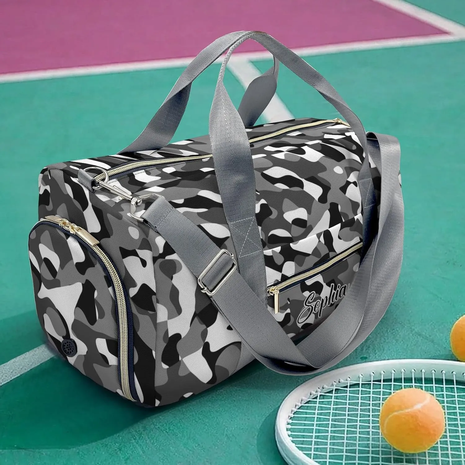Personalized Black and White Camouflage Print Multi-Function Travel Duffel Handbag Large Capacity Handbag Women Men Gym Yoga Ballet with Name
