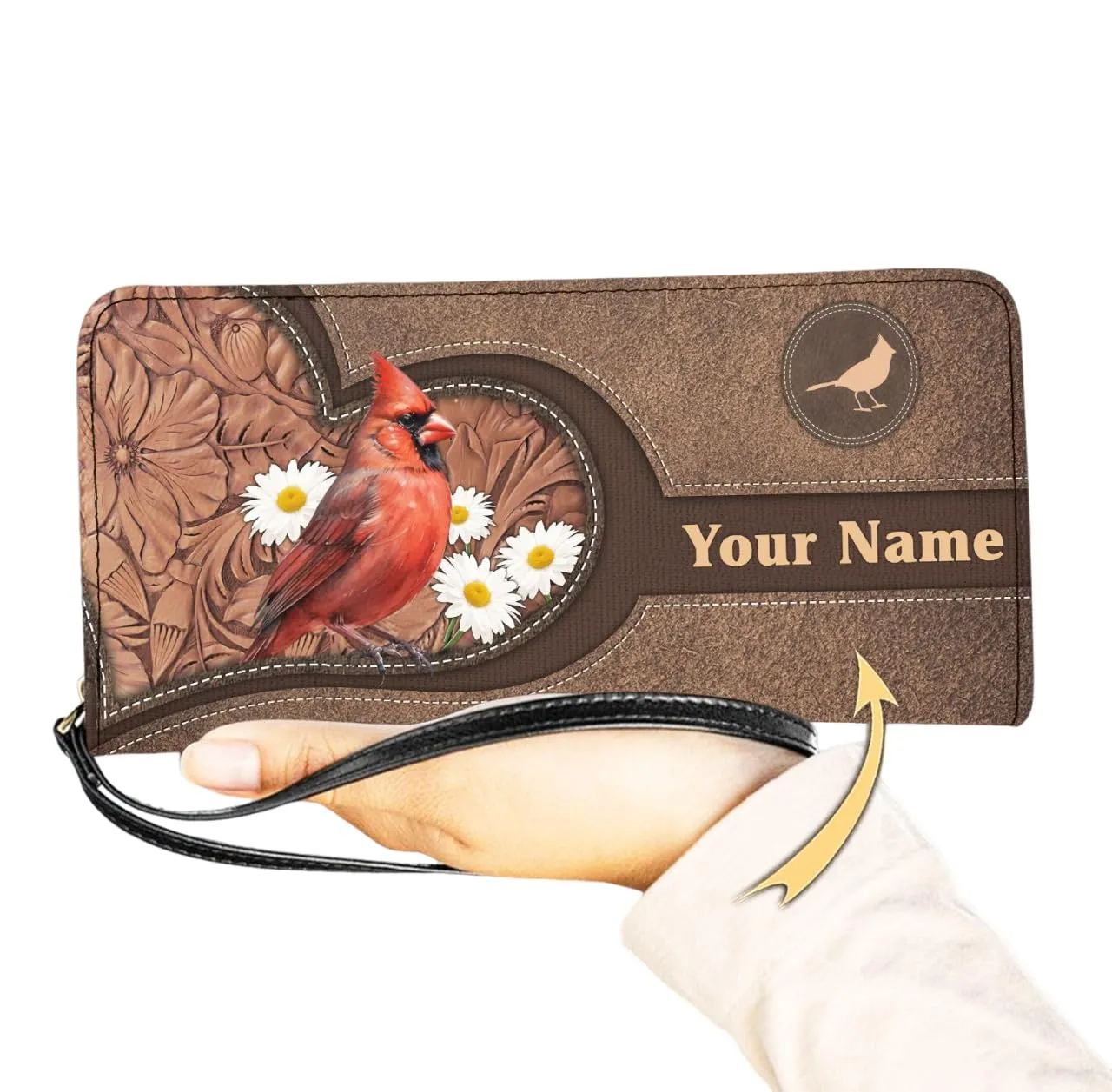 Personalized Cardinal Bird Women Leather Wallet with Flower, Custom Daisy Zipper Long Ladies Travel Clutch Wristlet, Vintage Memorable Redbird Gift for Women Mom Girlfriend (Cardinal)