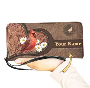 Personalized Cardinal Bird Women Leather Wallet with Flower, Custom Daisy Zipper Long Ladies Travel Clutch Wristlet, Vintage Memorable Redbird Gift for Women Mom Girlfriend (Cardinal)